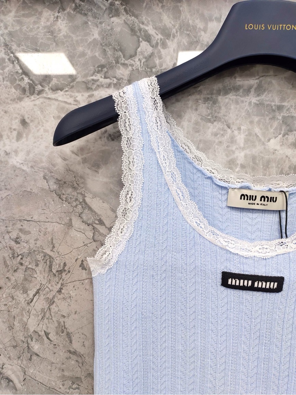 Miu Miu Baby Blue Ribbed Lace-Trim Camisole - Picture 5 of 9